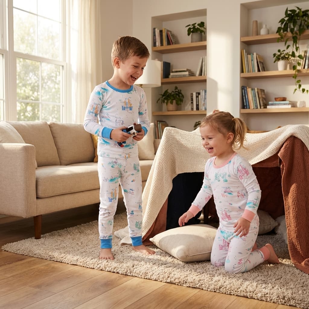 AI-generated lifestyle image of two children playing in NIOVI pyjamas