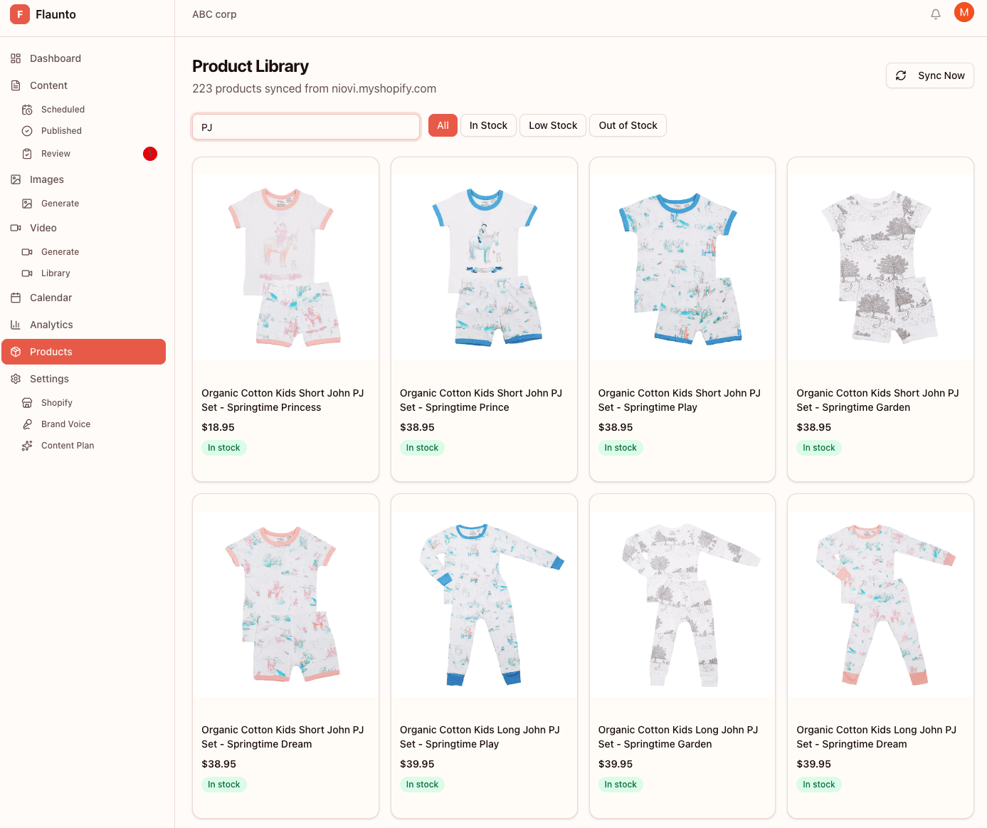 Flaunto product library showing NIOVI organic cotton kids pyjamas