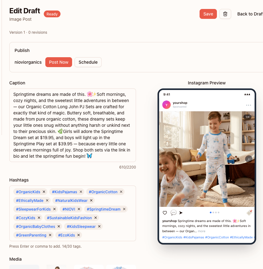 Flaunto draft editor with caption, hashtags, and Instagram preview